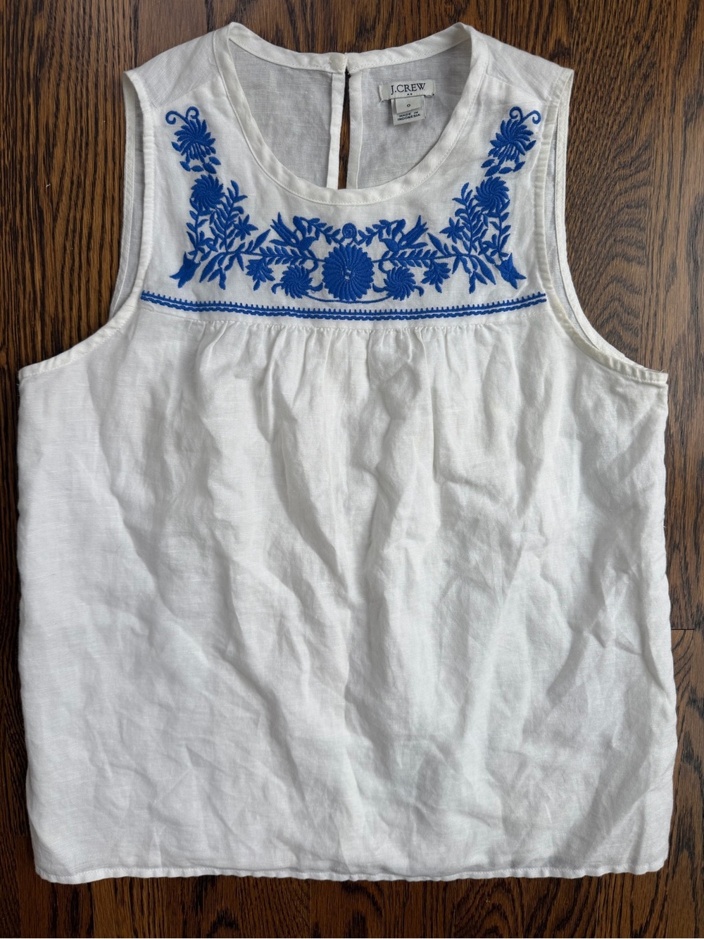 J. Crew White Linen Cotton Preppy Sleeveless Top with Blue Floral Embroidery